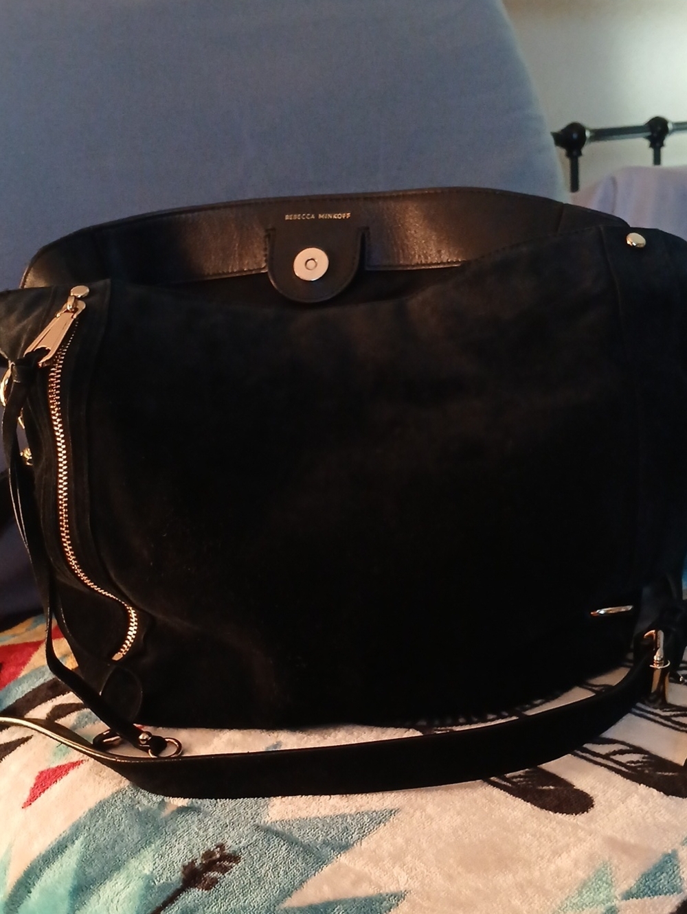 Rebecca Minkoff Black Suede Messenger Bag with Gold Hardware
